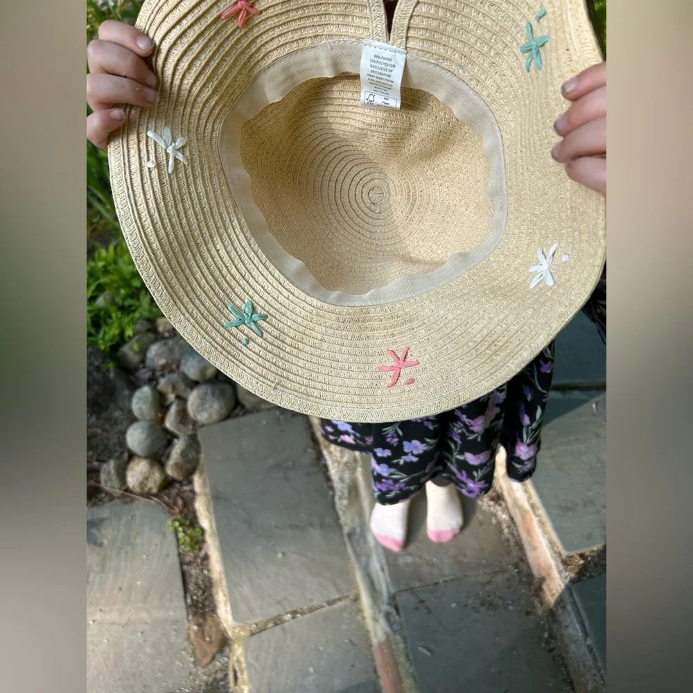 Floral Straw Sun Beach Gardening Hat | Toddler Girl | Fits 2T–4T